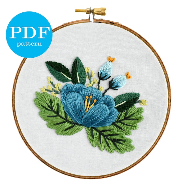 Blue Floral Embroidery Pattern: Beginner DIY Craft (PDF Pattern)