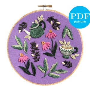 Botanical Tea Party Embroidery Pattern. Beginner Embroidery. PDF embroidery pattern. Flower Embroidery pattern. teacup embroidery, teapot