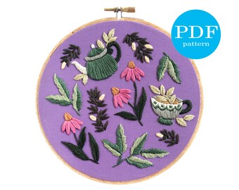 Botanical Tea Party Embroidery Pattern. Beginner Embroidery. PDF embroidery pattern. Flower Embroidery pattern. teacup embroidery, teapot