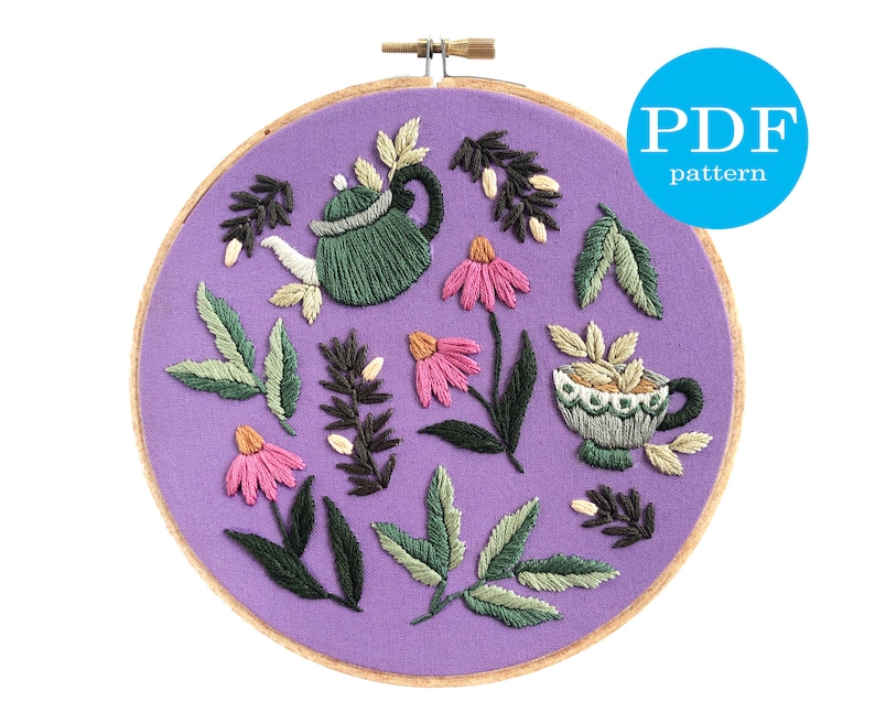 Botanical Tea Party Embroidery Pattern. Beginner Embroidery. PDF embroidery pattern. Flower Embroidery pattern. teacup embroidery, teapot image 1