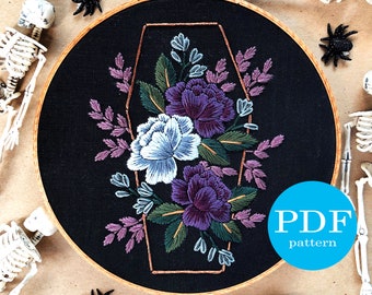 Gothic Rose Halloween Embroidery Pattern Duo. Beginner Embroidery pattern. PDF Digital Download. 7" embroidery hoop. Gothic decor