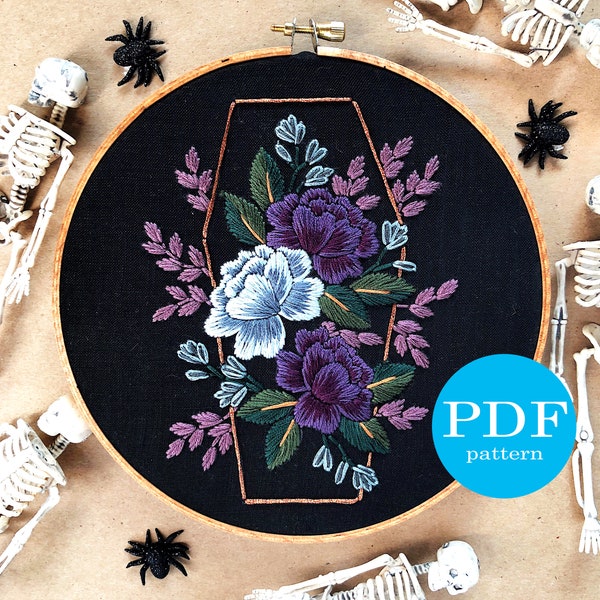 Gothic Rose Halloween Embroidery Pattern Duo. Beginner Embroidery pattern. PDF Digital Download. 7" embroidery hoop. Gothic decor