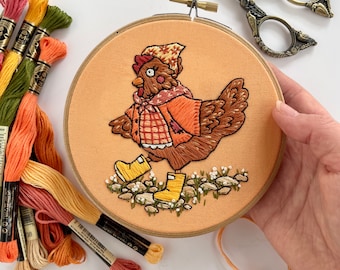 Chicken Embroidery Pattern. Modern Hand Embroidery. PDF embroidery pattern. DIY embroidery. Gardener Embroidery. craft kit