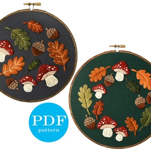 Woodland Embroidery Pattern duo. Beginner Embroidery. PDF embroidery pattern. Autumn Embroidery pattern. Embroidery pattern. Woodland wreath