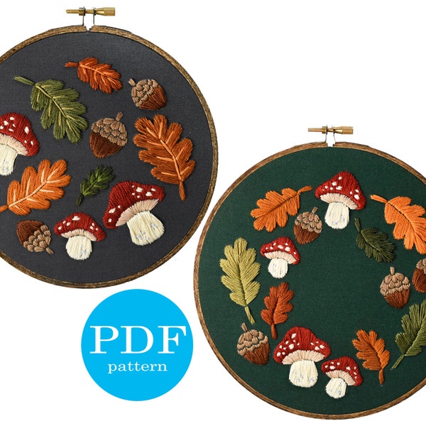 Woodland Embroidery Pattern duo. Beginner Embroidery. PDF embroidery pattern. Autumn Embroidery pattern. Embroidery pattern. Woodland wreath