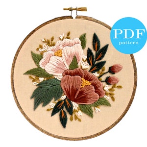 Blush Florals Embroidery Pattern. Beginner Embroidery. PDF embroidery pattern. 6" hoop. Flower Embroidery pattern. DIY embroidery project