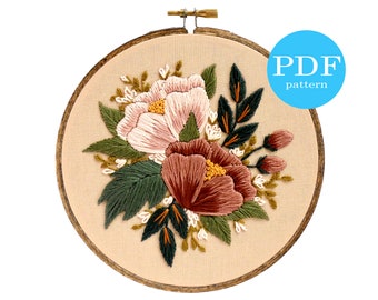 Blush Florals Embroidery Pattern. Beginner Embroidery. PDF embroidery pattern. 6" hoop. Flower Embroidery pattern. DIY embroidery project