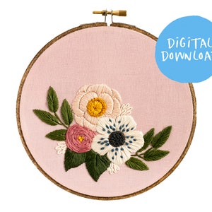 Pink Florals Embroidery Pattern. Digital Download. 6" embroidery hoop. Floral needlepoint. Beginner Embroidery. Flower embroidery pattern