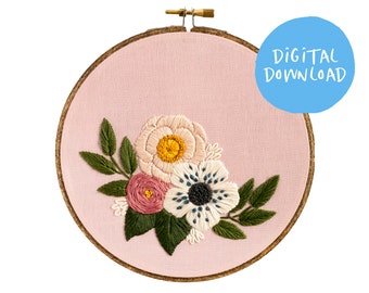 Pink Florals Embroidery Pattern. Digital Download. 6" embroidery hoop. Floral needlepoint. Beginner Embroidery. Flower embroidery pattern