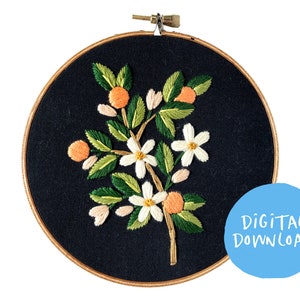 Clementine Embroidery Pattern. Beginner Embroidery. PDF embroidery pattern. 5&quot; pattern. Floral Embroidery pattern. Orange blossom embroidery