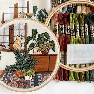 Window Cat Modern Hand Embroidery Kit (for a confident beginner), with printed fabric.