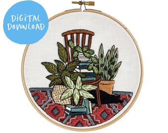 Cat and Houseplant Modern Embroidery Pattern. Beginner Embroidery. PDF embroidery pattern. 6" pattern. Embroidery pattern. Hand Embroidery