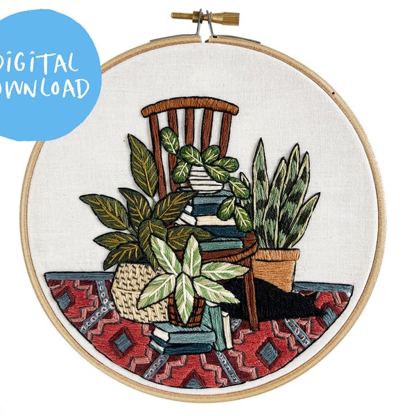 Cat and Houseplant Modern Embroidery Pattern. Beginner Embroidery. PDF embroidery pattern. 6" pattern. Embroidery pattern. Hand Embroidery