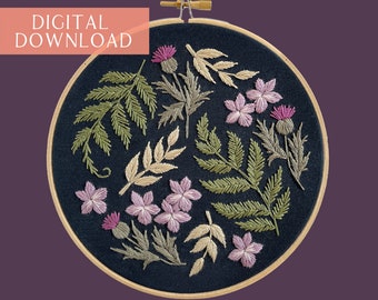 Moody Ferns and Thistles Embroidery Pattern. Beginner Embroidery. PDF embroidery pattern. DIY embroidery. Halloween embroidery