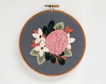 Peony embroidery hoop, flower wall hanging, boho home decor, floral embroidery, botanical decor, 5" embroidery hoop, grey cotton