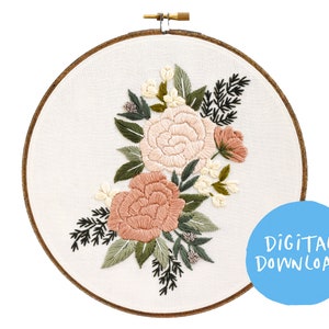 Winter Rose Embroidery Pattern. Beginner Embroidery. PDF embroidery pattern. 7" pattern. botanical pattern. Neutral Floral Embroidery