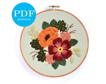 Intermediate Embroidery Pattern. Summer Florals. PDF, Digital Download. 7" embroidery hoop. DIY Home Decor. embroidery pattern