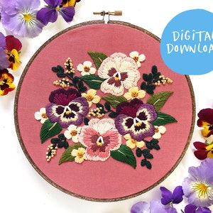 Pansy Embroidery Pattern. Beginner Embroidery. PDF embroidery pattern. 7" pattern. Floral Embroidery pattern. Embroidery pattern. DIY design