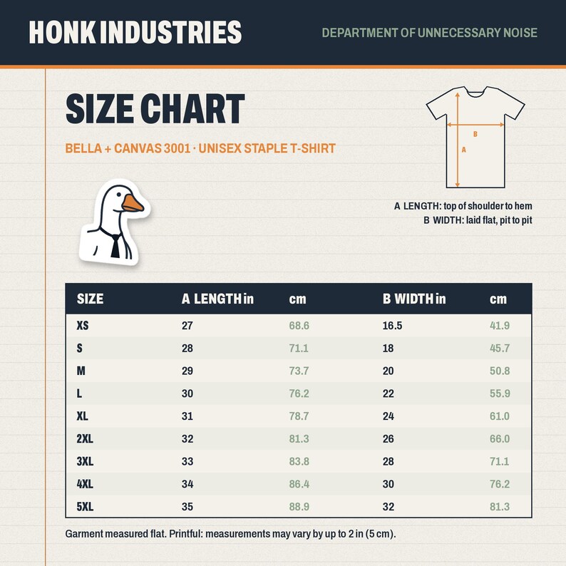 Size chart XS to 5XL, garment measured flat