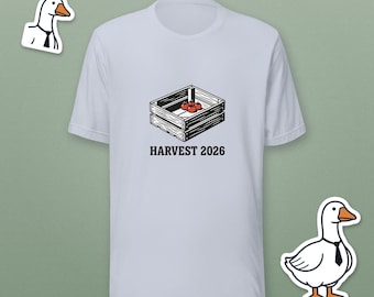 Harvest 2026 Gardening Shirt, Funny Gardener Gift, Tiny Tomato Harvest Tee, Vegetable Garden Linocut T-Shirt