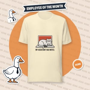 My Assistant Has Notes Cat tee - front view
