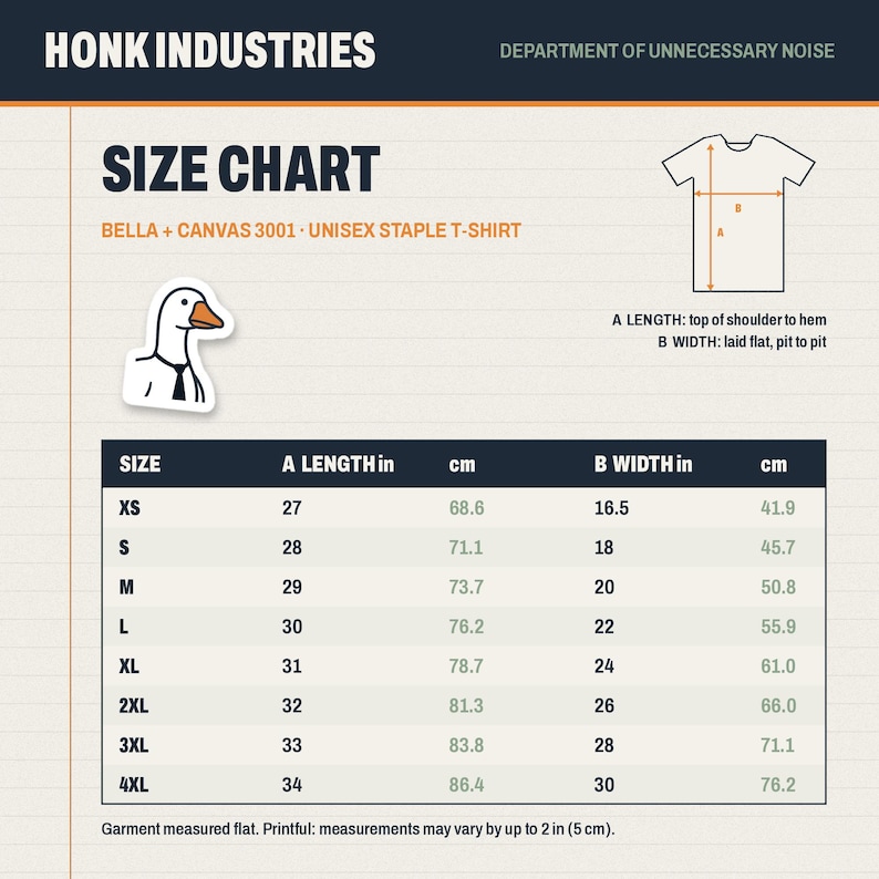 Size chart XS to 5XL, garment measured flat