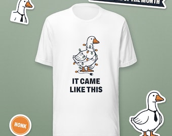 May include: A white short-sleeve t-shirt featuring a graphic of a goose wrapped in colorful string lights. Below the goose, the text reads IT CAME LIKE THIS. Additional elements include a goose with a tie, a HONK badge, and EMPLOYEE OF THE MONTH text.