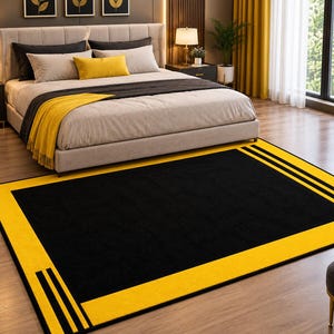 Black Yellow Geometric Area Rug, Modern Minimalist Carpet, Contemporary Living Room Decor handmade word