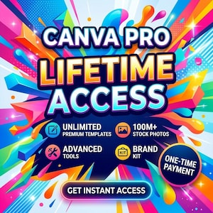 Op de afbeelding: Een levendige grafische advertentie voor Canva Pro Lifetime Access met vette tekst, kleurrijke abstracte vormen en iconen voor premium sjablonen, stockfoto's, geavanceerde tools en brand kit, met een knop met de tekst Get Instant Access.