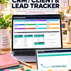 Pode incluir: Um modelo de planilha digital de CRM e rastreador de leads exibido na tela de um laptop. A interface apresenta um painel de controle central de CRM com métricas para leads, receita e distribuição de pipeline de vendas.