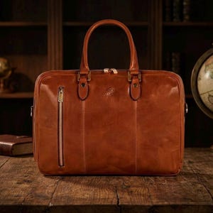 Puede incluir: Un maletín de cuero color coñac con dos asas superiores, un bolsillo vertical con cremallera en la parte frontal y un cierre principal de cremallera. El bolso presenta herrajes en tono dorado, costuras visibles y un pequeño logotipo grabado.