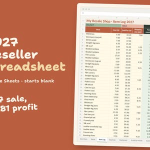 Può includere: Un modello di foglio di calcolo digitale per Google Sheets intitolato 2027 Reseller Spreadsheet. L'interfaccia mostra un registro articoli con colonne per nomi, costi, prezzi di vendita, spedizioni, commissioni e profitti, con un utile totale di 2.754,20.