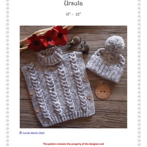 May include: A grey knitted baby set, featuring a cable-knit vest with wooden buttons, a matching hat with a pom-pom, and a neck warmer. The set is displayed on a wooden surface. Text on the image reads "Prickles & Whiskers Baby Designs Ursula 45.72cm - 55.88cm".
