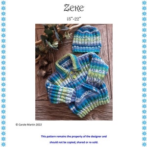 May include: Knitted baby sweater and hat set in blue, green, and white stripes. The set is for a baby aged 18 to 22 inches.