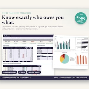 Freelance Invoice and Client Tracker Spreadsheet, Invoice Template, Excel and Google Sheets, Overdue Payment Reminders, Client CRM