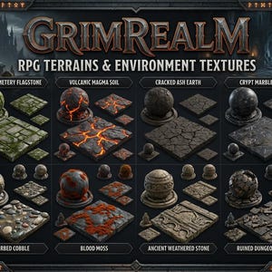 May include: A digital collection titled GRIMREALM RPG TERRAINS & ENVIRONMENT TEXTURES featuring eight distinct surface patterns including mossy flagstone, volcanic magma, cracked ash, marble tiles, riverbed cobble, blood moss, stone, and dungeon floor.