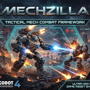 May include: A digital illustration titled MECHZILLA TACTICAL MECH COMBAT FRAMEWORK featuring two grey armored mechs engaged in battle amidst a ruined city. The scene includes HUD elements, weapon fire, explosions, and the text GODOT 4 POWERED.