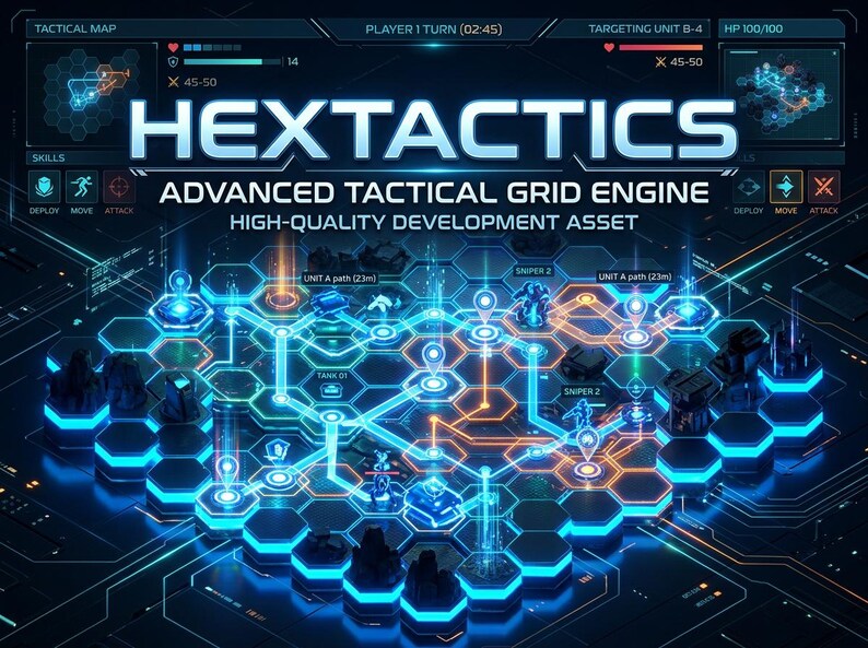 Puede incluir: Una interfaz digital para HEXTACTICS Advanced Tactical Grid Engine con un tablero de juego hexagonal azul brillante, rutas de unidades, iconos de francotiradores y tanques, superposiciones de mapas t&aacute;cticos y barras de estado.