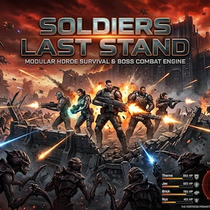 以下が含まれることがあります： SOLDIERS LAST STAND MODULAR HORDE SURVIVAL & BOSS COMBAT ENGINEというタイトルのデジタルイラスト。爆発と崩壊した要塞を背景に、5人の装甲兵が暗いエイリアンの群れに向かって武器を発射している様子が描かれています。
