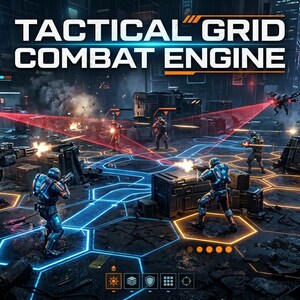 Może przedstawiać: Zrzut ekranu z gry wideo zatytułowany TACTICAL GRID COMBAT ENGINE przedstawiający futurystycznych żołnierzy i dużego mecha w ciemnym miejskim otoczeniu. Scena zawiera świecące niebieskie sześciokątne płytki podłogowe, czerwone linie laserowe.