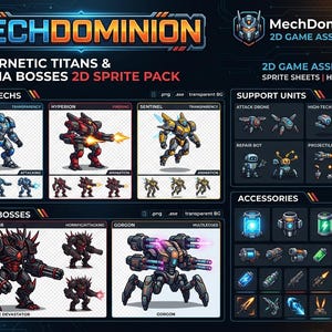 Puede incluir: Un paquete de activos de juego 2D digital titulado MechDominion que presenta titanes cibernéticos, jefes mecha, unidades de apoyo y accesorios. La pantalla incluye hojas de sprites de personajes para Aegis Prime, Hyperion, Sentinel, The Devastator y Gorgon.