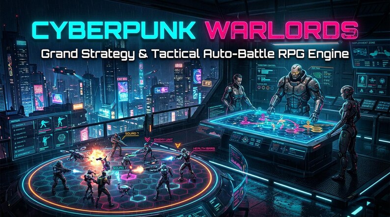Może przedstawiać: Cyfrowy interfejs gry zatytułowany CYBERPUNK WARLORDS Grand Strategy & Tactical Auto-Battle RPG Engine. Scena przedstawia futurystyczną panoramę miasta, świecącą holograficzną mapę taktyczną oraz małe jednostki bojowe na platformie.