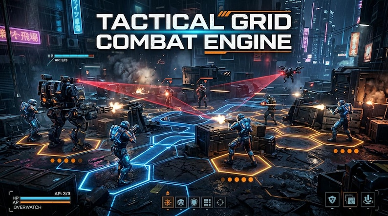 Puede incluir: Una captura de pantalla de videojuego titulada TACTICAL GRID COMBAT ENGINE que muestra soldados futuristas y un gran meca en un entorno urbano oscuro. La escena presenta baldosas hexagonales azules brillantes, l&iacute;neas l&aacute;ser rojas y elementos.