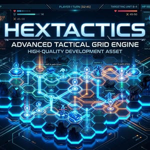 Può includere: Un'interfaccia digitale per HEXTACTICS Advanced Tactical Grid Engine con una tavola da gioco esagonale blu brillante, percorsi delle unità, icone di cecchini e carri armati, mappe tattiche sovrapposte e barre di stato del gioco.