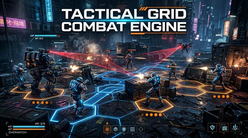 Może przedstawiać: Zrzut ekranu z gry wideo zatytułowany TACTICAL GRID COMBAT ENGINE przedstawiający futurystycznych żołnierzy i dużego mecha w ciemnym miejskim otoczeniu. Scena zawiera świecące niebieskie sześciokątne płytki podłogowe, czerwone linie laserowe.