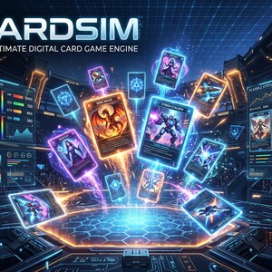 Puede incluir: Una interfaz digital titulada CARDSIM THE ULTIMATE DIGITAL CARD GAME ENGINE que presenta cartas de juego hologr&aacute;ficas flotantes con bordes de ne&oacute;n vibrantes, ilustraciones de personajes brillantes y paneles laterales que muestran datos de estado del jugador.