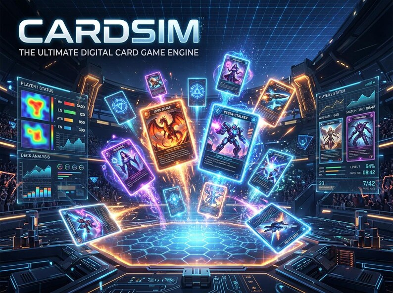 Puede incluir: Una interfaz digital titulada CARDSIM THE ULTIMATE DIGITAL CARD GAME ENGINE que presenta cartas de juego hologr&aacute;ficas flotantes con bordes de ne&oacute;n vibrantes, ilustraciones de personajes brillantes y paneles laterales que muestran datos de estado del jugador.