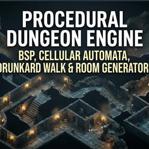 Könnte beinhalten: Eine digitale Grafik mit dem Text PROCEDURAL DUNGEON ENGINE, BSP, CELLULAR AUTOMATA, DRUNKARD WALK & ROOM GENERATORS und ASSET STORE. Das Bild zeigt eine isometrische Ansicht eines dunklen Kerkers mit Steinmauern und brennenden Fackeln.
