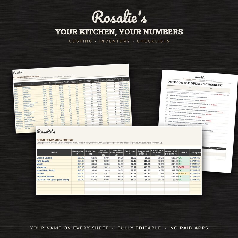 May include: A set of three printable business management documents titled Rosalie's Your Kitchen, Your Numbers. Includes a Bar & Beverage Inventory Chart, an Outdoor Bar Opening Checklist, and a Drink Summary & Pricing table with columns for costs.