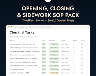 Lista di controllo per l'apertura e la chiusura del ristorante, tabella delle attività di supporto, modello di procedura operativa standard (SOP), lista di controllo per il personale di sala in cucina e bar, fogli Excel per il responsabile del ristorante.